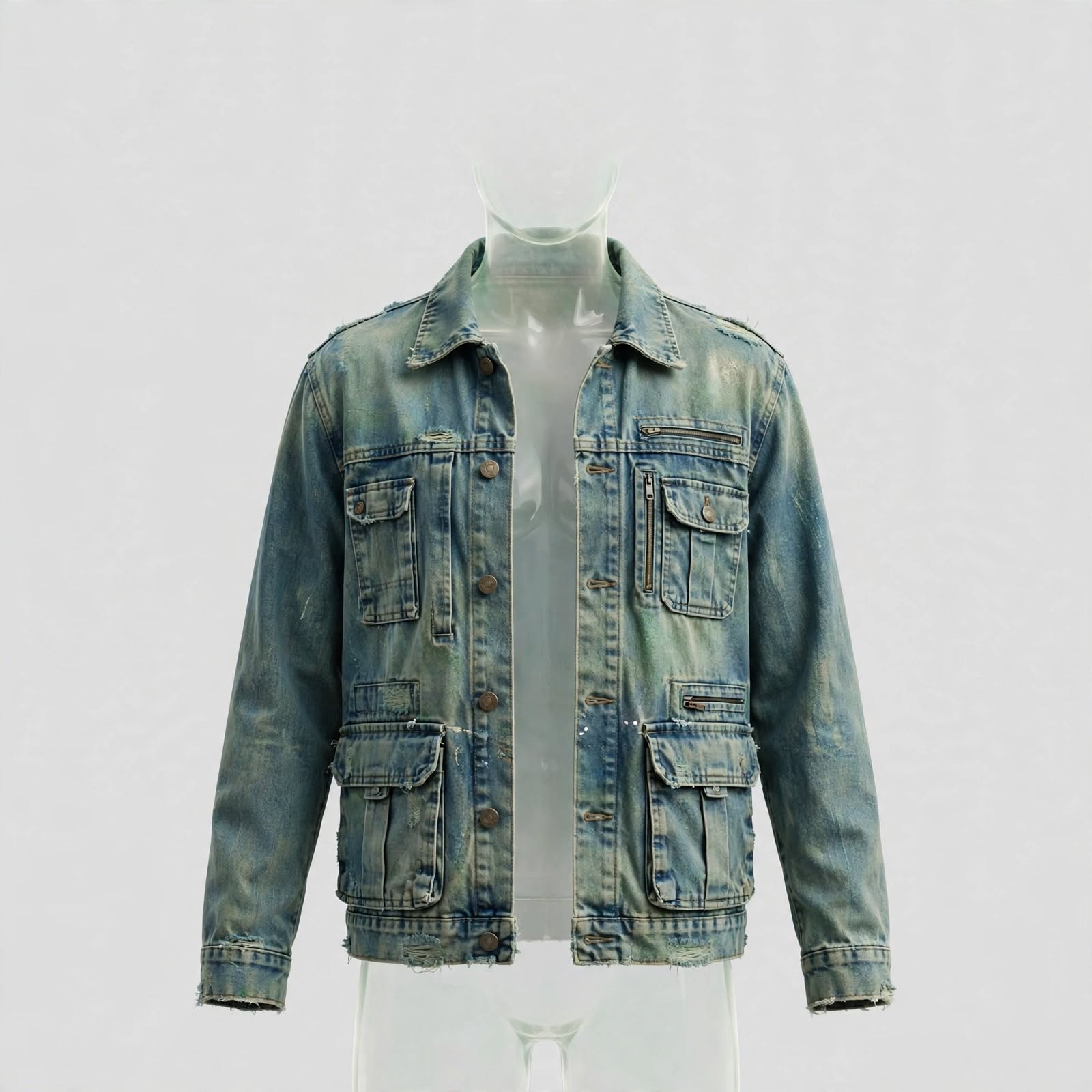 Custom Distressed Denim Jacket with Utility Pockets